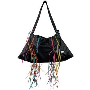 Vintage Y2k 90's Sharif Studio Handbag Black Braided Leather Fringe Hobo Bag